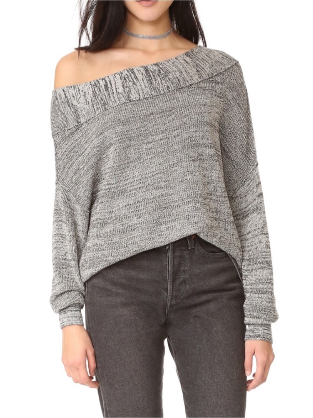 ·Free People· Gray Off the Shoulder Knit Alana Sweater